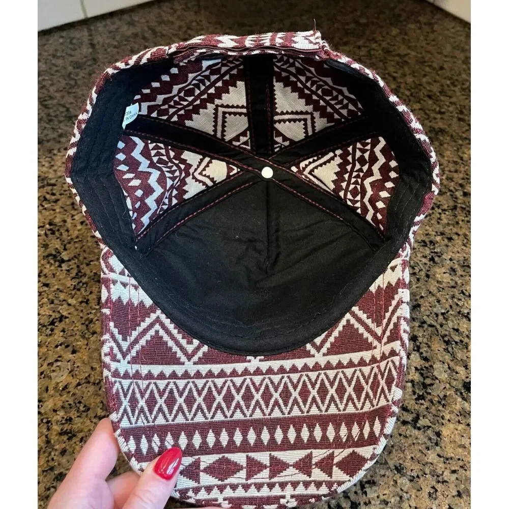 Aztec Print 5-Panel Unisex Hat Cap Red White Strap Back Adjustable‎ Hook & Loop